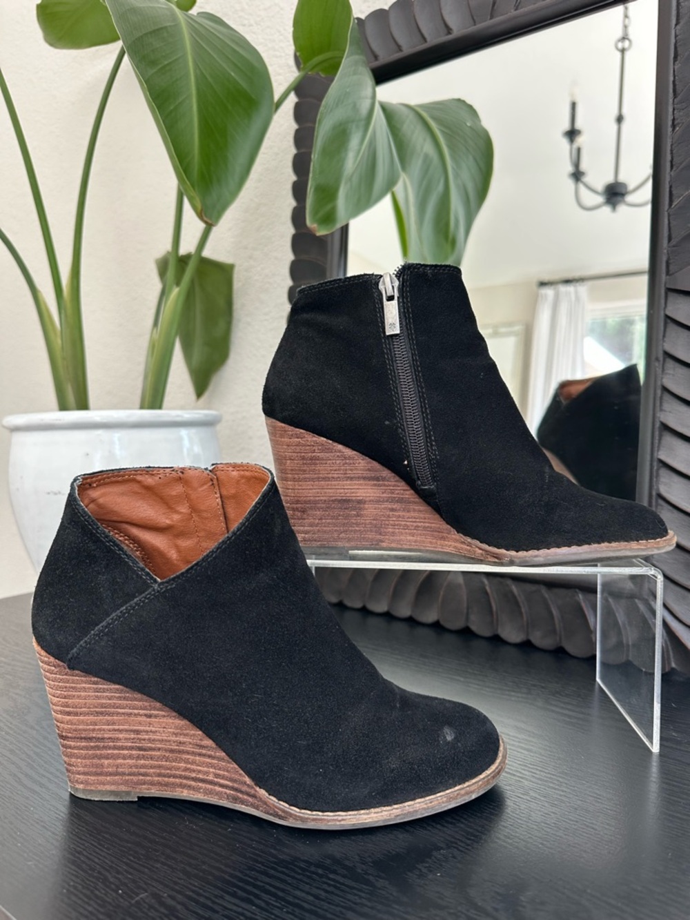 Lucky Brand Black Suede Wedge Ankle Boots